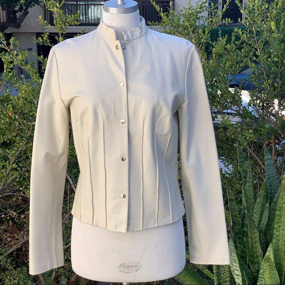 SIENA STUDIO Mandarin Collar Cream Leather Snap Closure Jacket Womens Size 6 EUC
